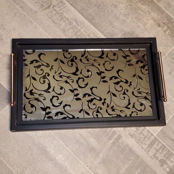 Heavy Glass Wooden w/Copper Handle Tray - Picture 1 of 7